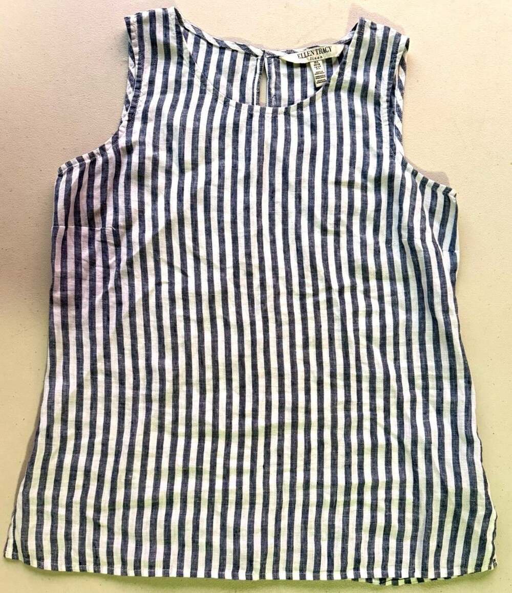 Ellen Tracy Linen Blue/White Striped Scoop Neck Sleeveless Tank Top Size S
